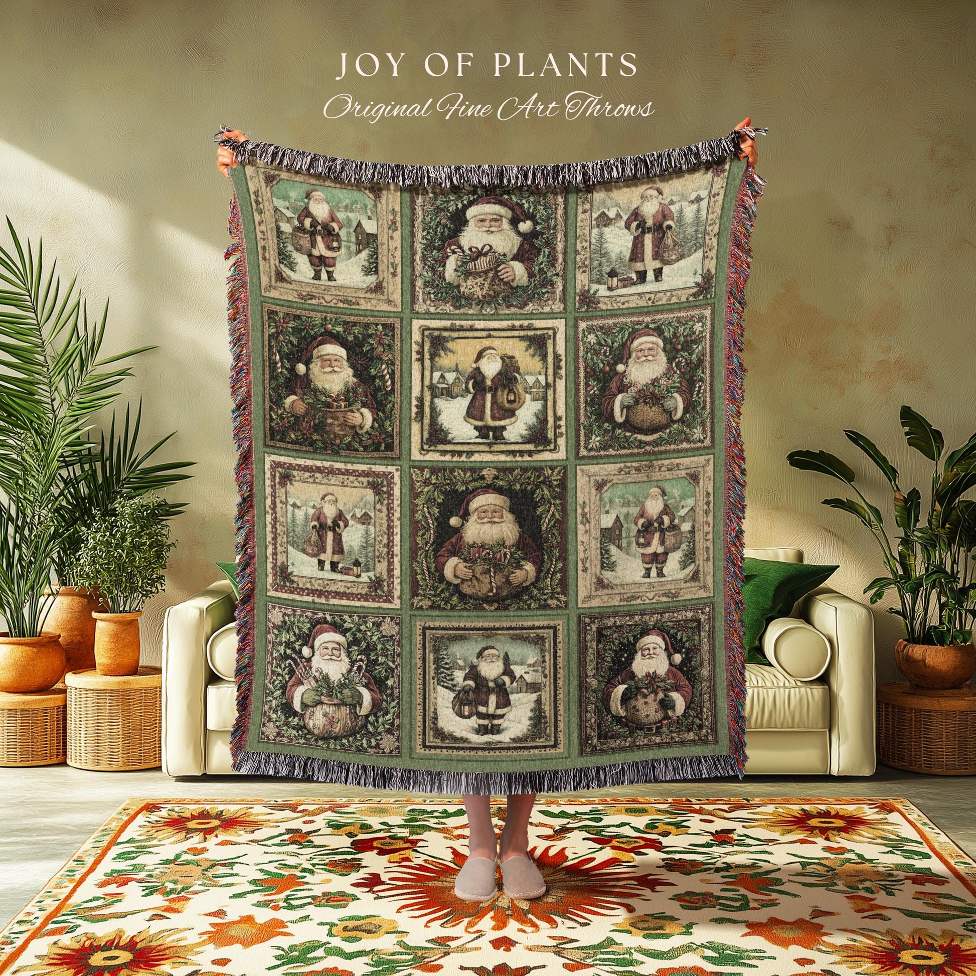 Sage Green Retro Xmas Throw Blanket | Cozy Pastel Santa Claus Home Decor Retro Christmas Whimsical Holiday Winter Wonderland Aesthetic Cute