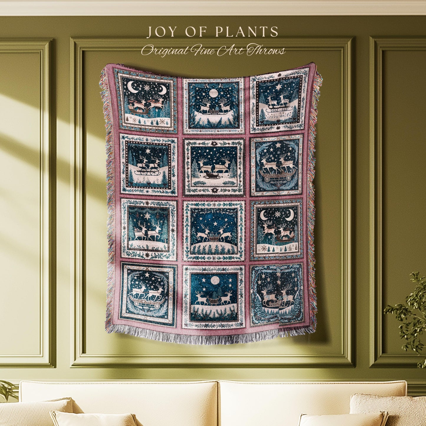 Merry & Bright Reindeer Blanker | Festive Aesthetic Pastel Home Decor Whimsical Holiday Woven Tapestry Boho Scandinavian Style Rustic Cute