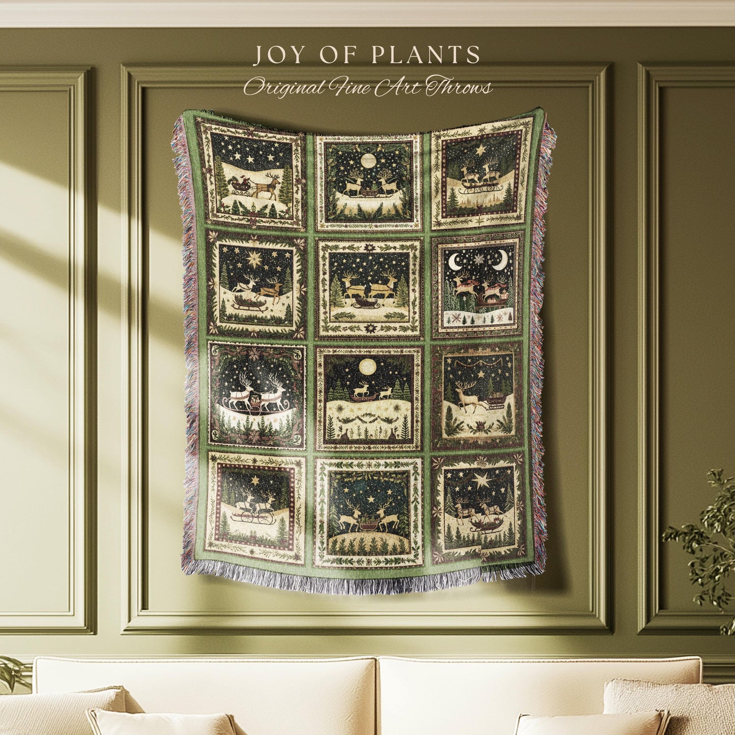 Yuletide Magic Flying Reindeer Blanket | Sage Green Pastel Whimsical Winter Wonderland Scandinavian Folklore Danish Aesthetic Home Decor |