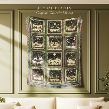 Yuletide Magic Flying Reindeer Blanket | Sage Green Pastel Whimsical Winter Wonderland Scandinavian Folklore Danish Aesthetic Home Decor |