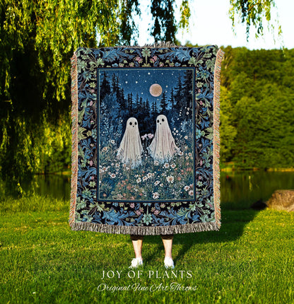 Mystic Meadow Full Moon Spirit Blanket | Indigo Starry Sky Woven Tapestry Ghost Halloween Decor Autumn Whimsical Garden Cottagecore Throw |