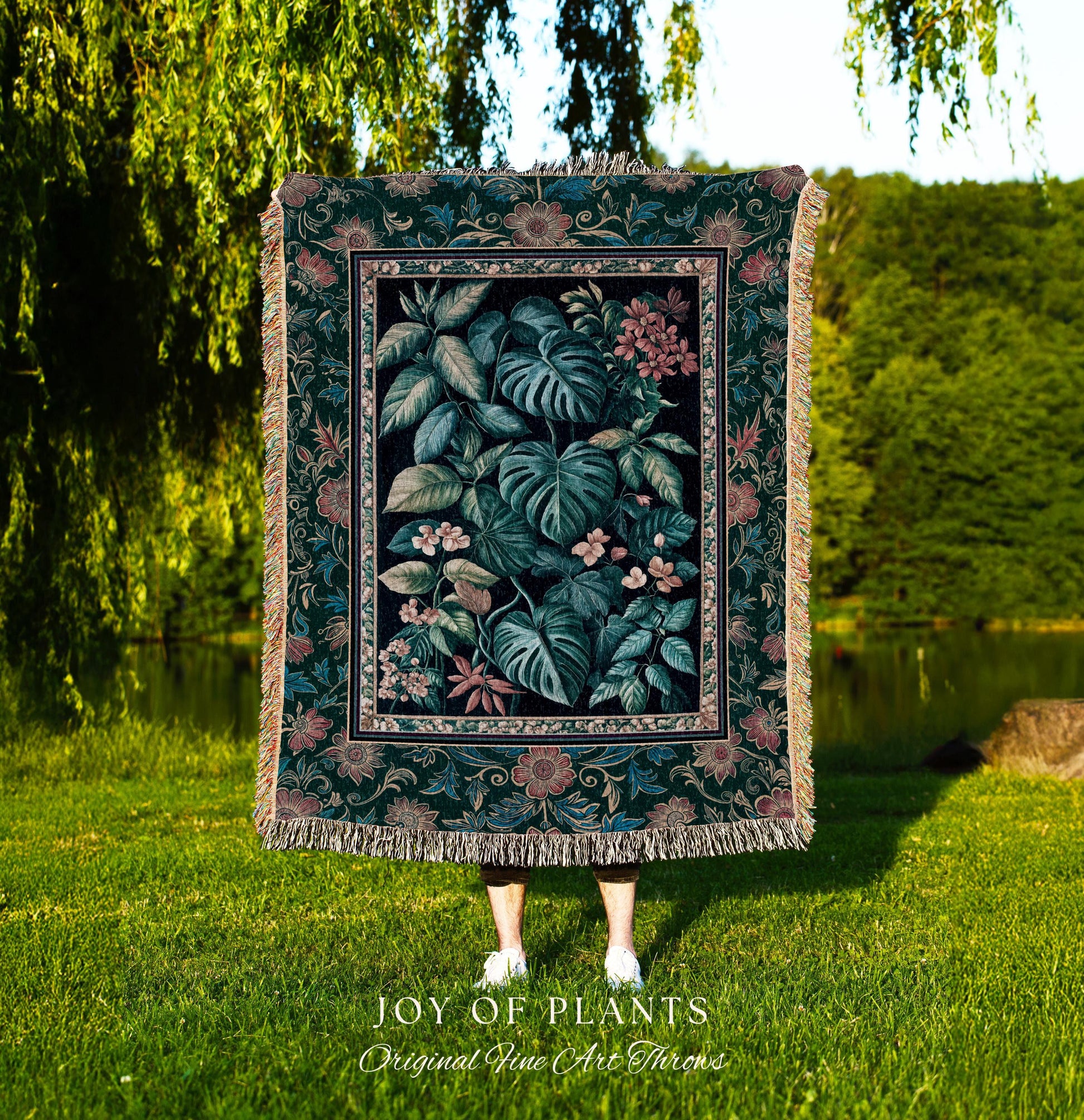 Elegant Botanicals Dark Forestcore Blanket | Woodland Fairycore Tapestry Woven Wall Art Dark Cottagecore Vintage Style Moody Bedroom Teal |