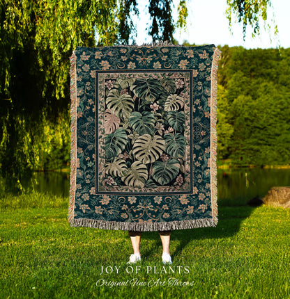 Cozy Plant Room Throw Blanket | Jungle Vibes Dark Academia Woven Tapestry Houseplant Lover Housewarming Gift Whimsigoth Eclectic Bedroom |