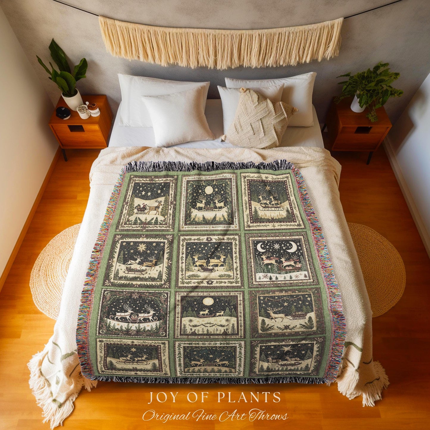 Yuletide Magic Flying Reindeer Blanket | Sage Green Pastel Whimsical Winter Wonderland Scandinavian Folklore Danish Aesthetic Home Decor |