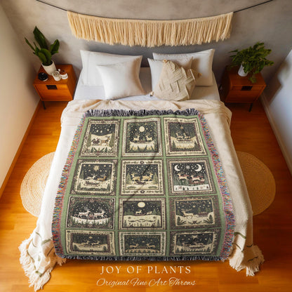 Yuletide Magic Flying Reindeer Blanket | Sage Green Pastel Whimsical Winter Wonderland Scandinavian Folklore Danish Aesthetic Home Decor |