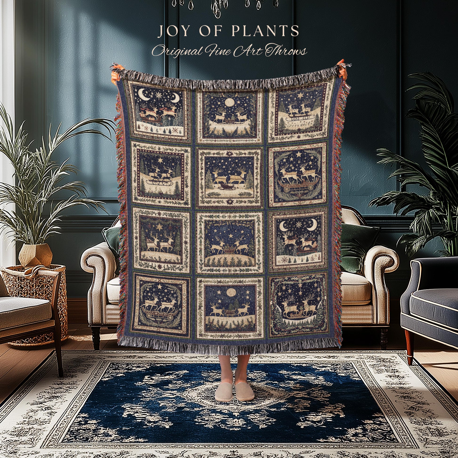 Retro Xmas Reindeer Cozy Throw | Nostalgic Holiday Aesthetic Christmas Cottagecore Rustic Festive Home Decor Scandi Couch Blanket Cute Boho