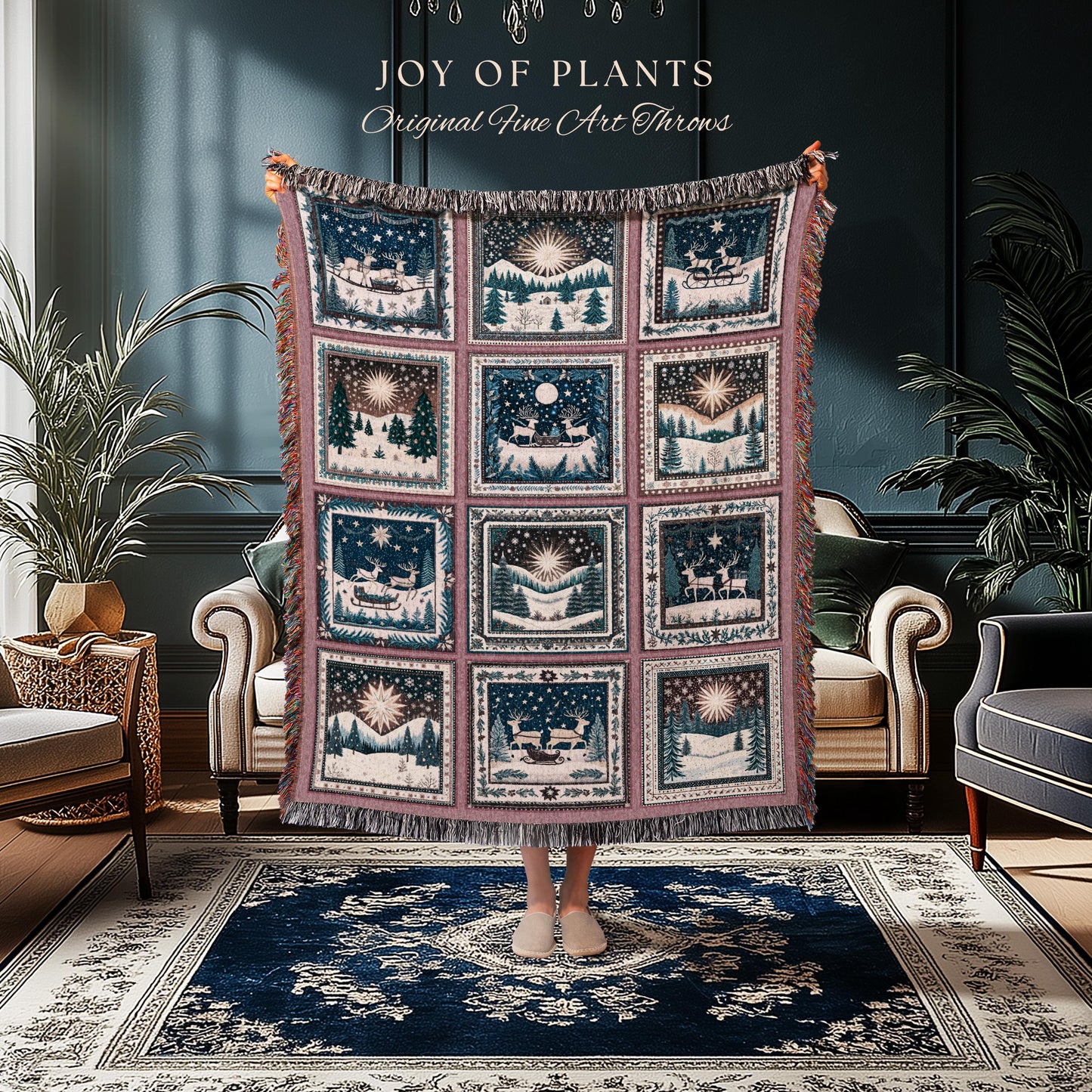 Elegant North Star Woven Blanket | Cottagecore Reindeer Holiday Home Decor Pastel Aesthetic Festive Throw Danish Winter Folklore Tapestry |