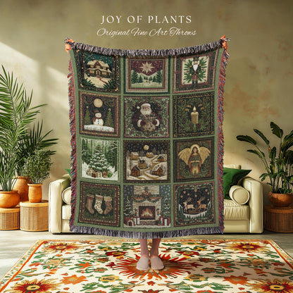 Whimsical Holiday Style Throw Blanket | Sage Green North Star Nostalgia Christmas Woven Tapestry Festive Winter Wonderland Santa Claus Decor