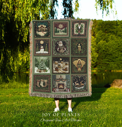 Whimsical Holiday Style Throw Blanket | Sage Green North Star Nostalgia Christmas Woven Tapestry Festive Winter Wonderland Santa Claus Decor
