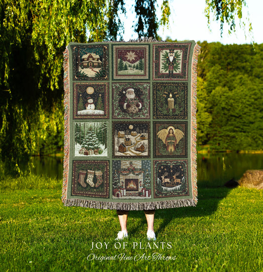 Whimsical Holiday Style Throw Blanket | Sage Green North Star Nostalgia Christmas Woven Tapestry Festive Winter Wonderland Santa Claus Decor