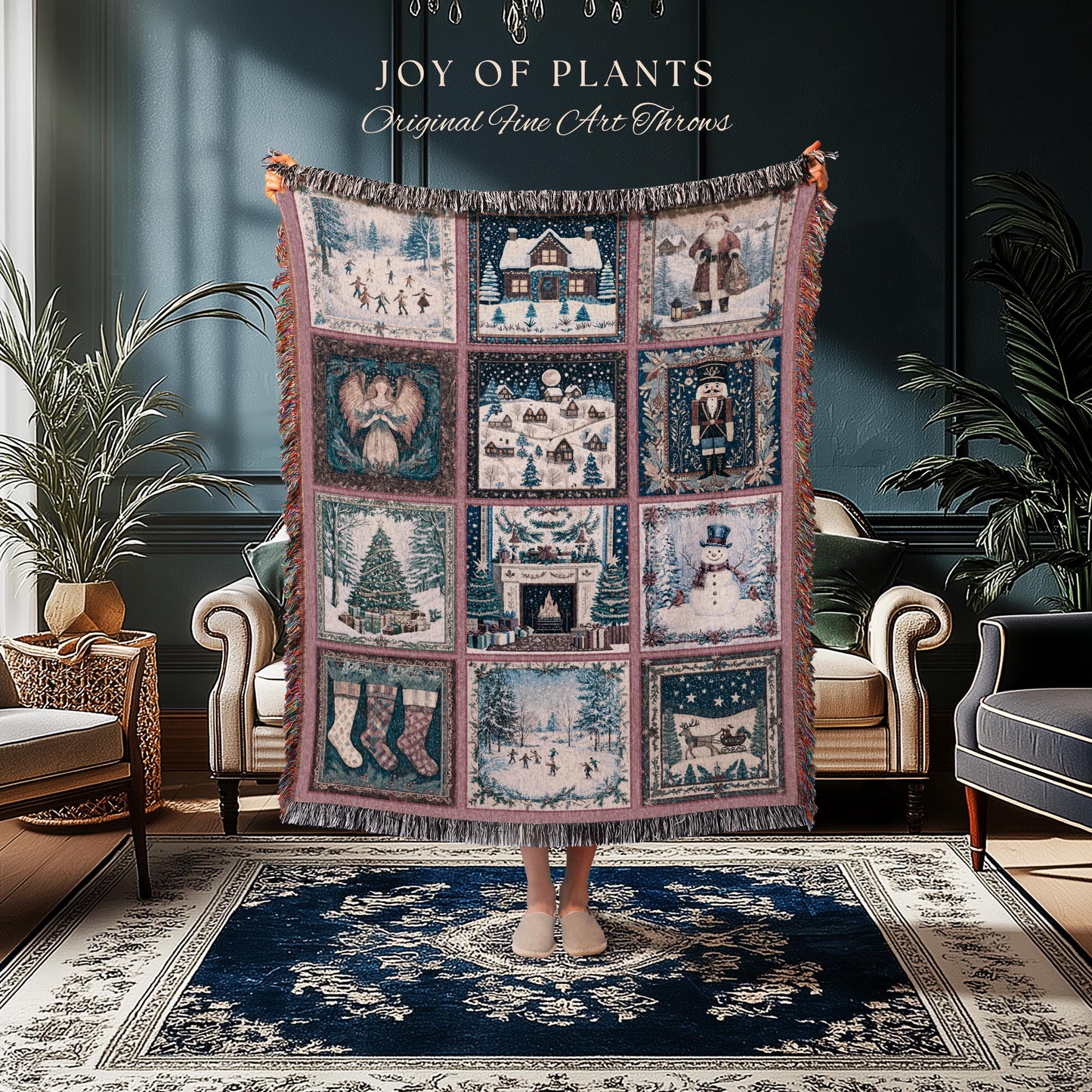 Holiday Magic Pastel Xmas Throw | Rustic Scandinavian Patchwork Whimsical Winter Wonderland Classic Christmas Cozy Vintage Tapestry Blanket