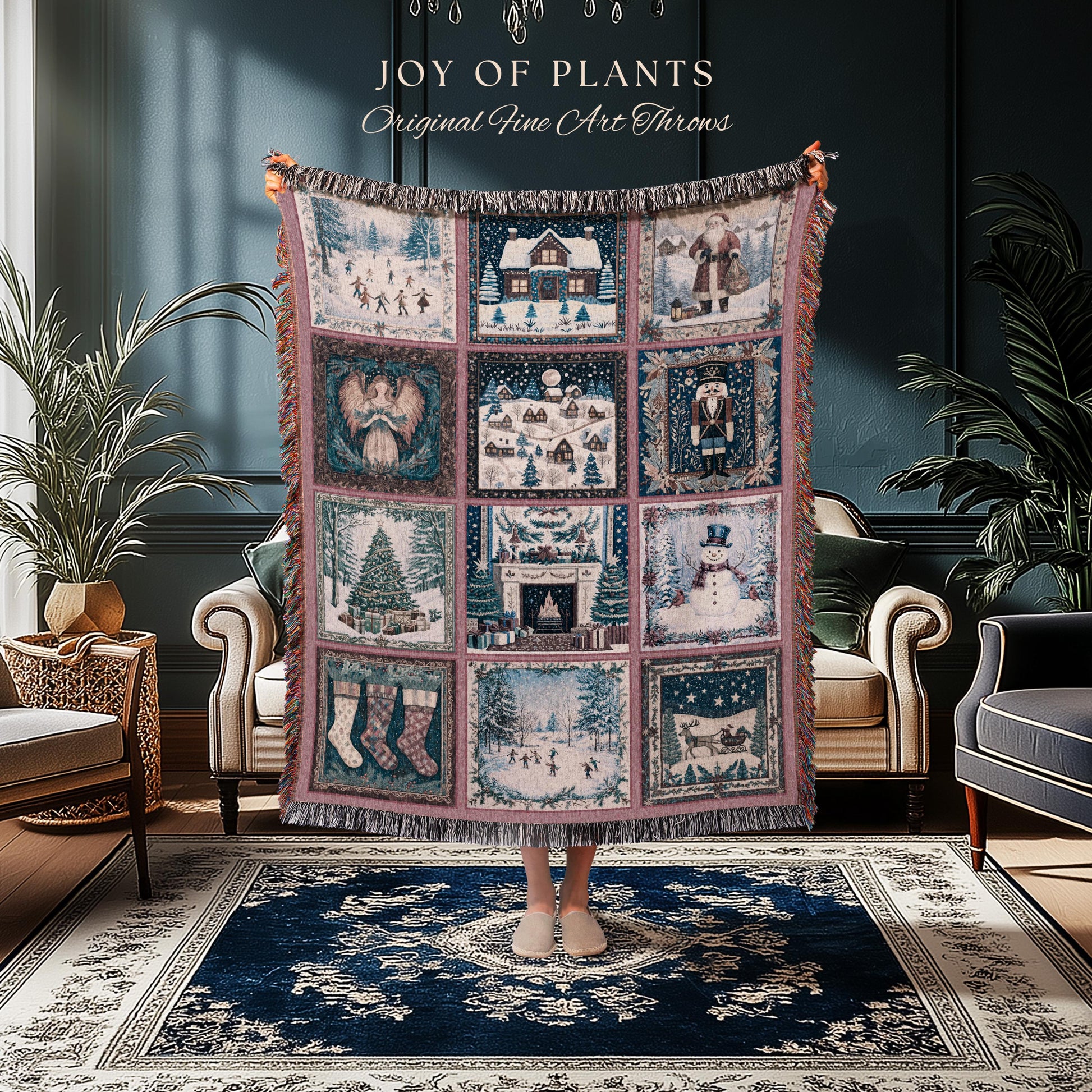 Holiday Magic Pastel Xmas Throw | Rustic Scandinavian Patchwork Whimsical Winter Wonderland Classic Christmas Cozy Vintage Tapestry Blanket