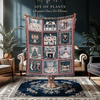 Holiday Magic Pastel Xmas Throw | Rustic Scandinavian Patchwork Whimsical Winter Wonderland Classic Christmas Cozy Vintage Tapestry Blanket