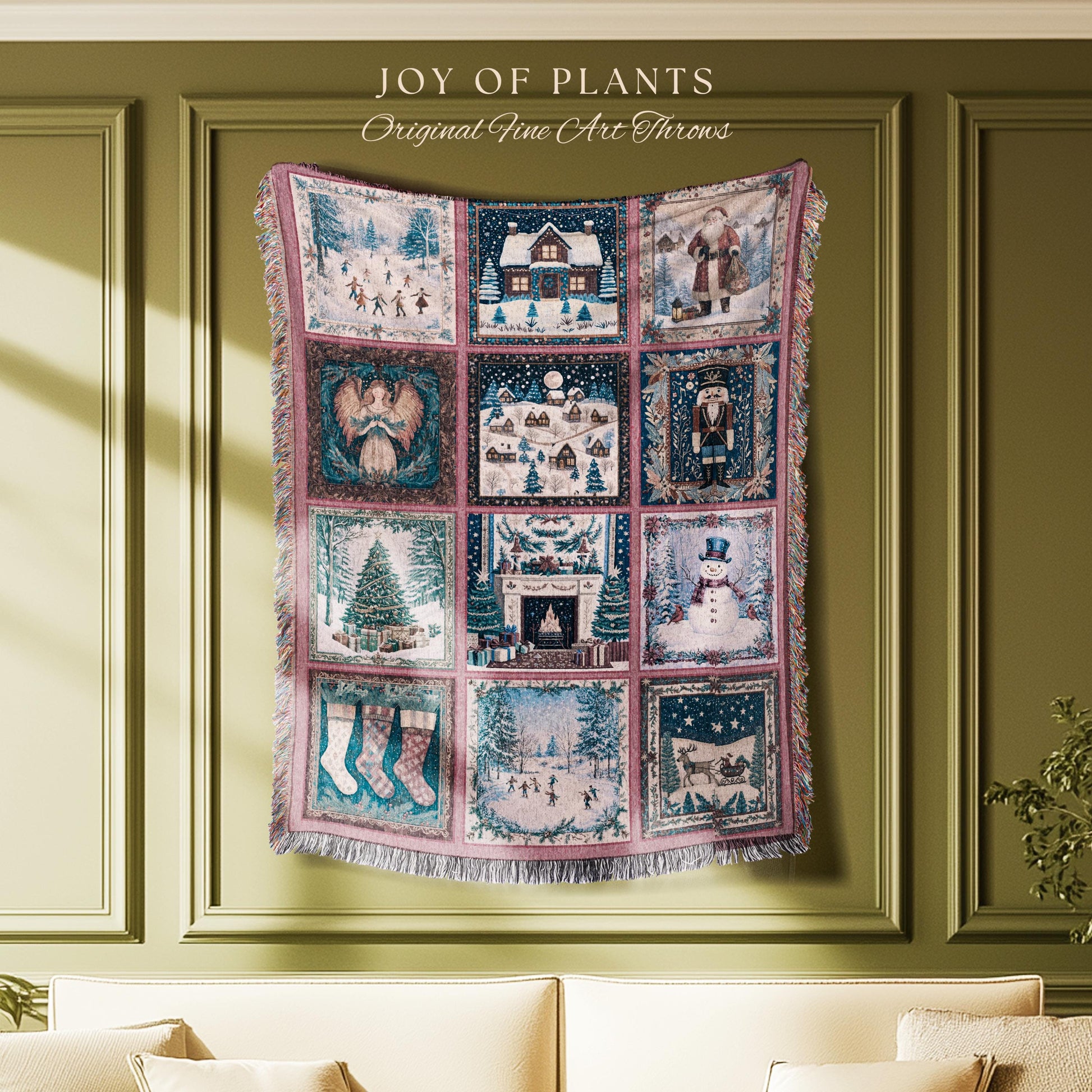 Holiday Magic Pastel Xmas Throw | Rustic Scandinavian Patchwork Whimsical Winter Wonderland Classic Christmas Cozy Vintage Tapestry Blanket