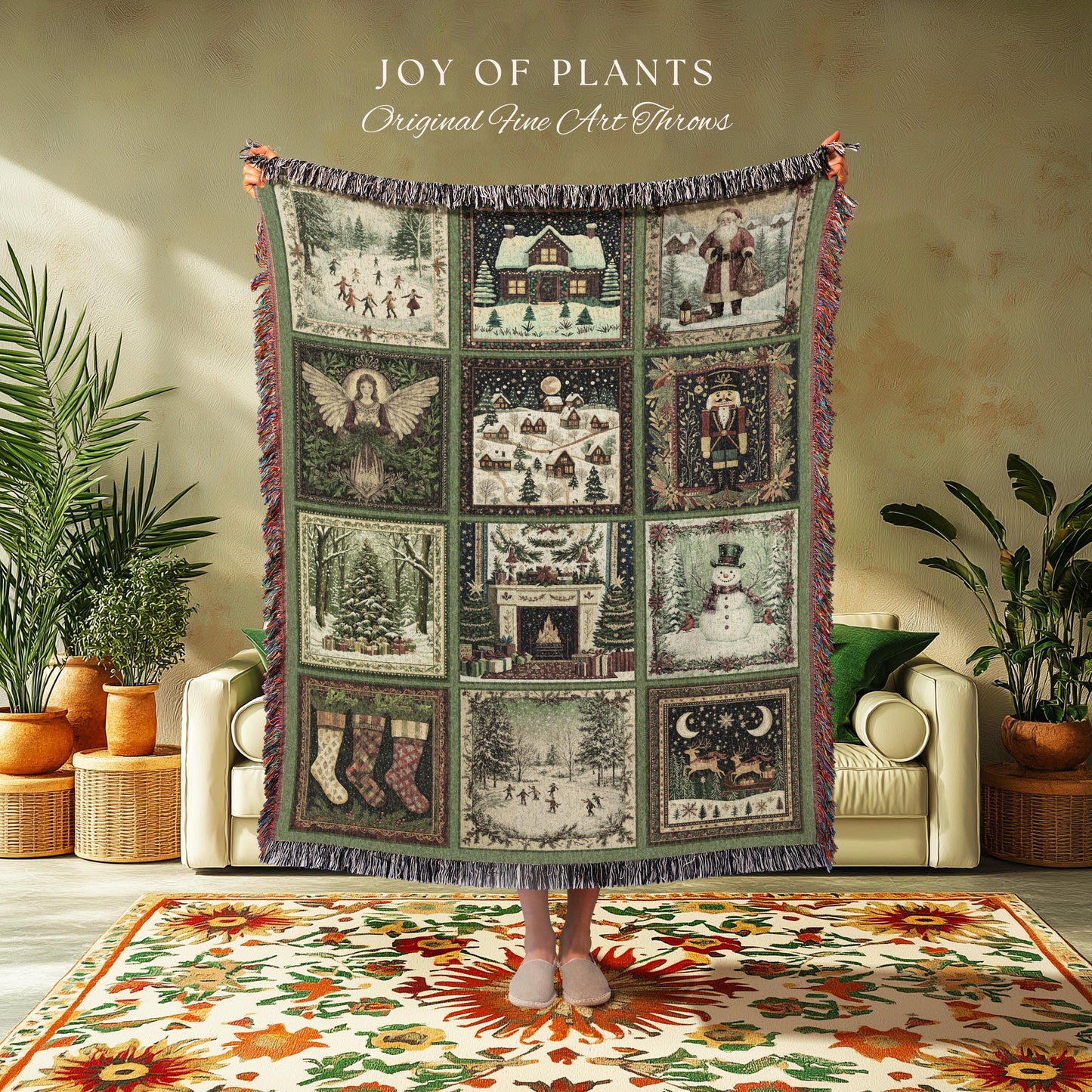 Folklore Xmas Retro Holiday Blanket | Retro Festive Nostalgic Christmas Charm Cozy Cottagecore Winter Wonderland Woven Tapestry Sage green |