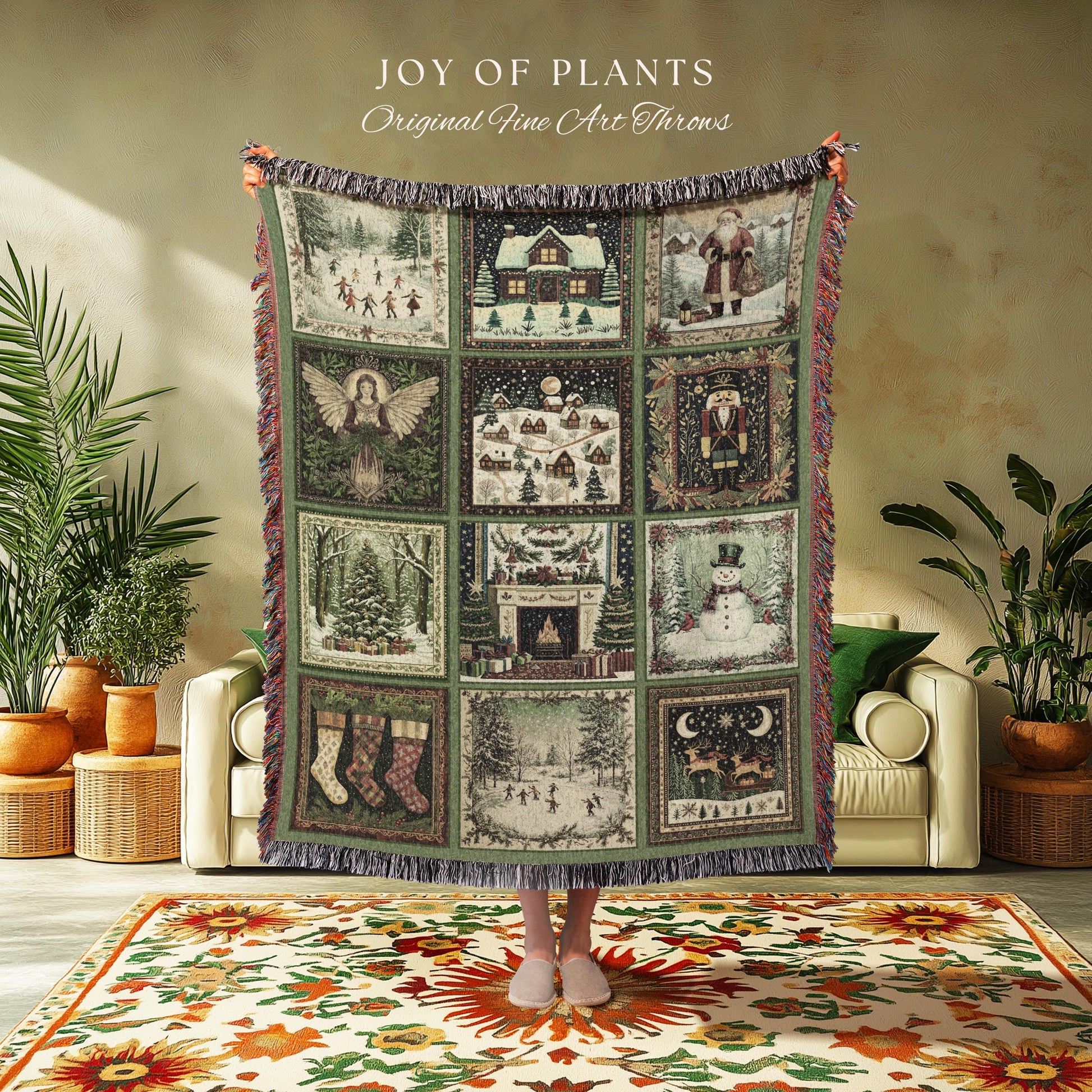 Folklore Xmas Retro Holiday Blanket | Retro Festive Nostalgic Christmas Charm Cozy Cottagecore Winter Wonderland Woven Tapestry Sage green |