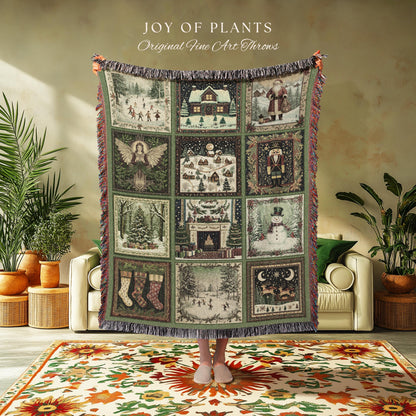 Folklore Xmas Retro Holiday Blanket | Retro Festive Nostalgic Christmas Charm Cozy Cottagecore Winter Wonderland Woven Tapestry Sage green |