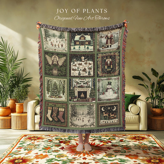 Folklore Xmas Retro Holiday Blanket | Retro Festive Nostalgic Christmas Charm Cozy Cottagecore Winter Wonderland Woven Tapestry Sage green |
