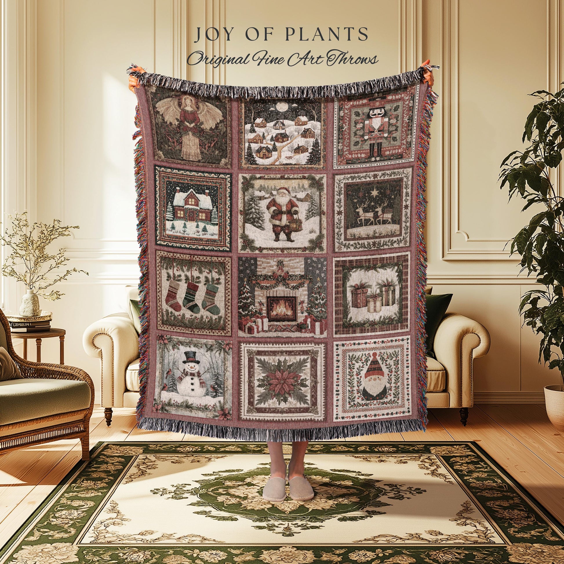 Enchanted Winter Rosy Throw Blanket | Nostalgic Scandinavian Yuletide Tapestry Vintage Christmas Cottagecore Festive Cozy Snowman Decor |