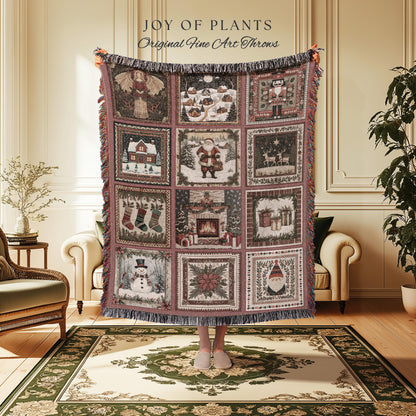 Enchanted Winter Rosy Throw Blanket | Nostalgic Scandinavian Yuletide Tapestry Vintage Christmas Cottagecore Festive Cozy Snowman Decor |