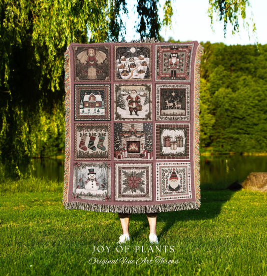 Enchanted Winter Rosy Throw Blanket | Nostalgic Scandinavian Yuletide Tapestry Vintage Christmas Cottagecore Festive Cozy Snowman Decor |