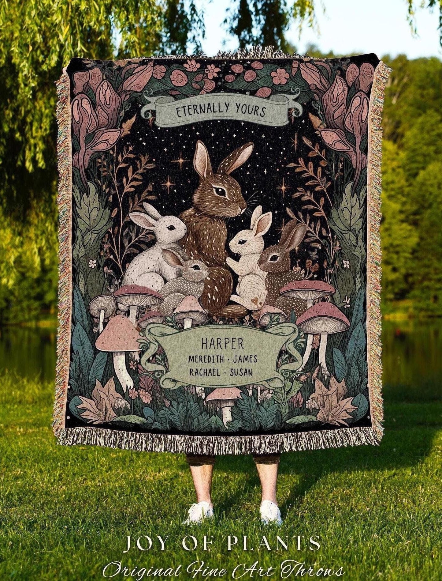 Custom Family Members Tapestry Woodland Whimsy | Ethereal Cottagecore Throw Blanket Celestial Decor Names Meaningful Gift From Children Cute