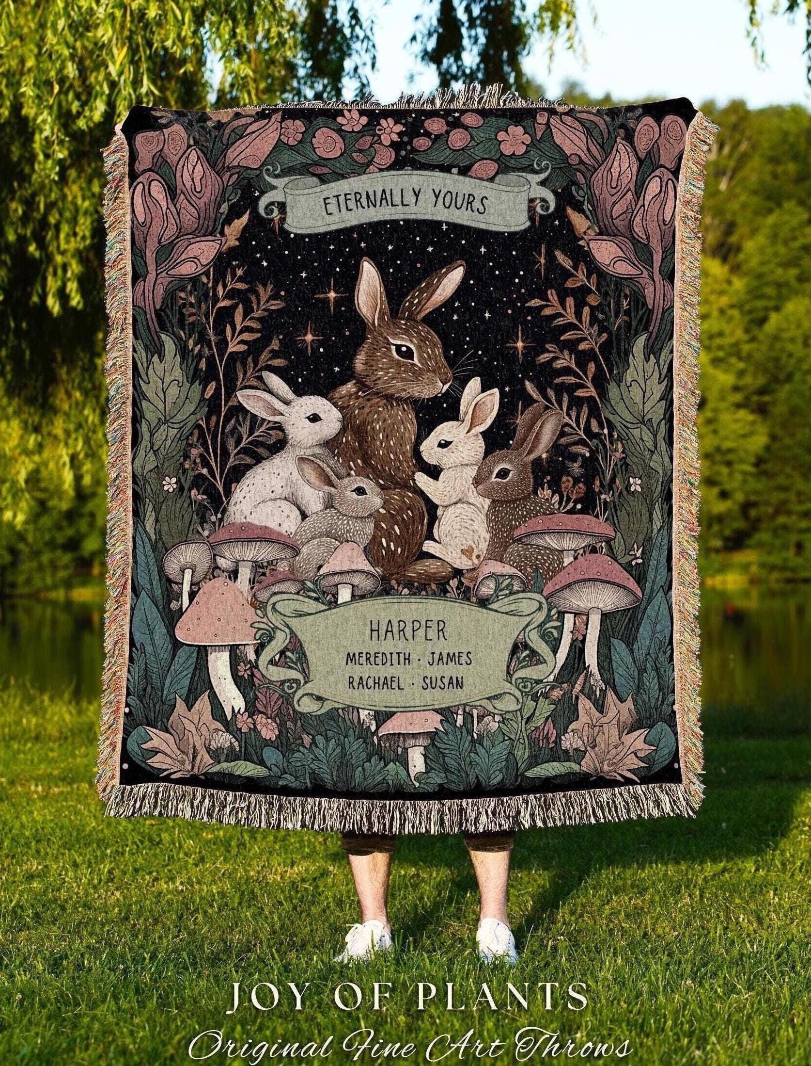 Custom Family Members Tapestry Woodland Whimsy | Ethereal Cottagecore Throw Blanket Celestial Decor Names Meaningful Gift From Children Cute