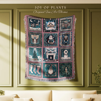 Snowy Winter Night Cozy Woven Throw | Pastel Cottagecore Patchwork Rustic Holiday Nostalgic Scandinavian Festive Yuletide Tapestry Blanket |