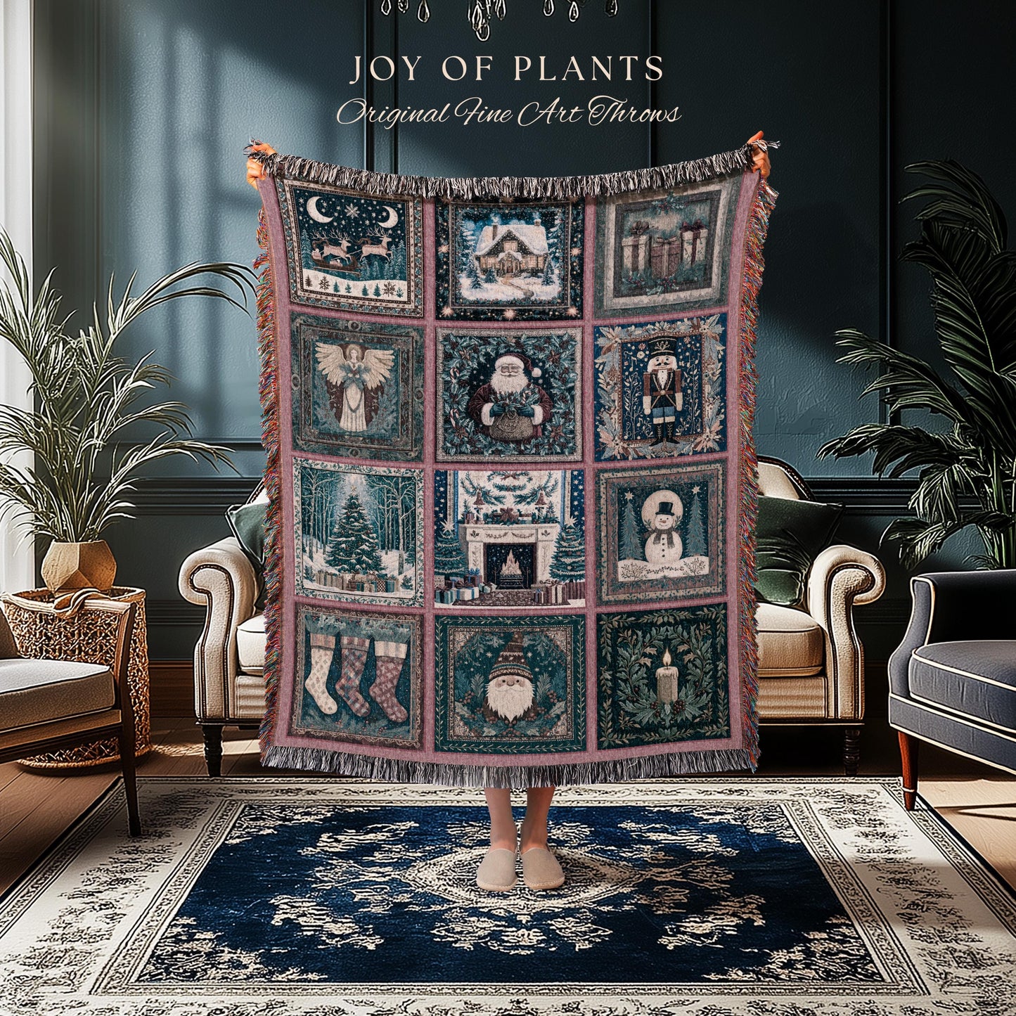 Snowy Winter Night Cozy Woven Throw | Pastel Cottagecore Patchwork Rustic Holiday Nostalgic Scandinavian Festive Yuletide Tapestry Blanket |