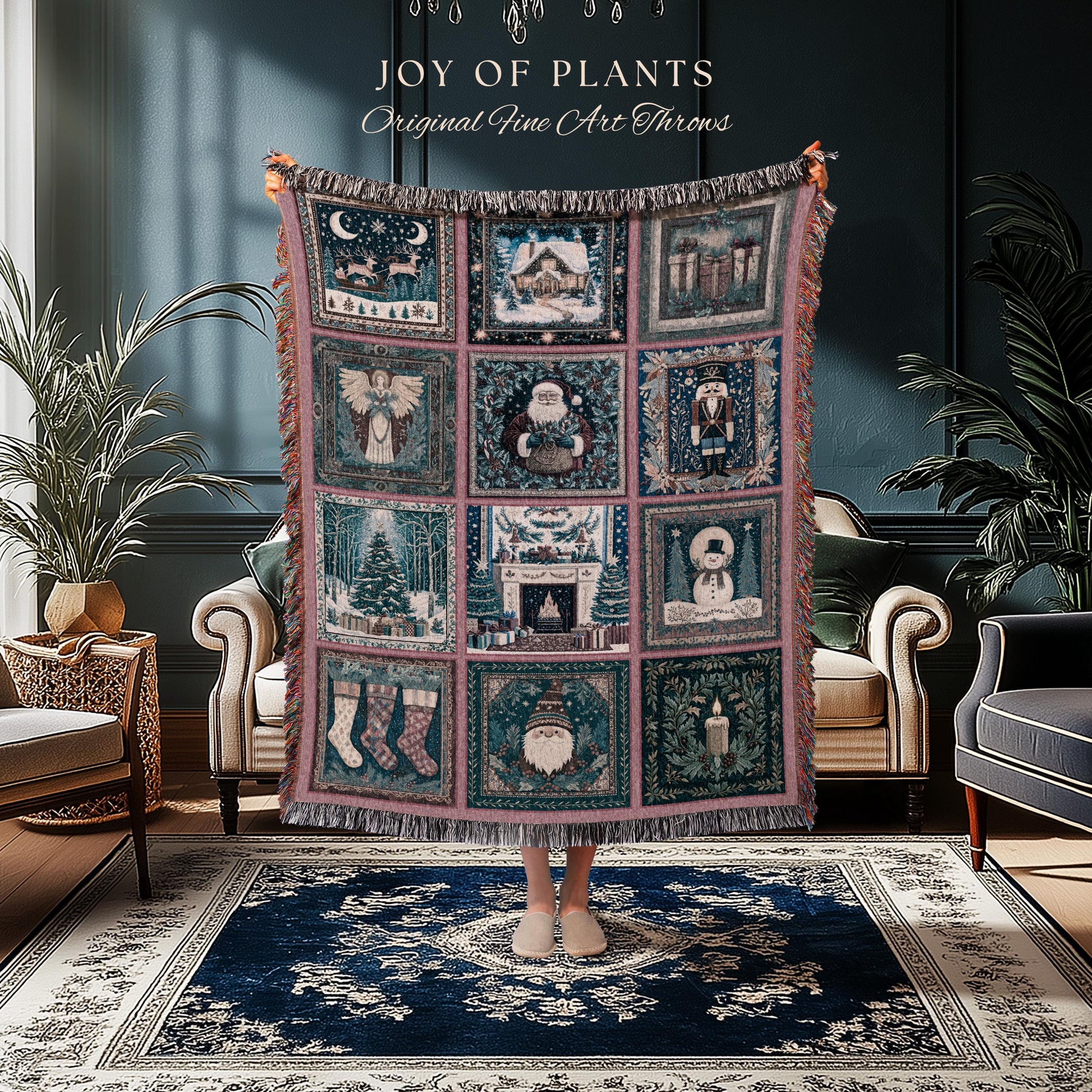 Snowy Winter Night Cozy Woven Throw | Pastel Cottagecore Patchwork Rustic Holiday Nostalgic Scandinavian Festive Yuletide Tapestry Blanket |