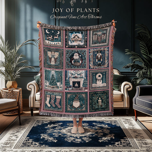 Snowy Winter Night Cozy Woven Throw | Pastel Cottagecore Patchwork Rustic Holiday Nostalgic Scandinavian Festive Yuletide Tapestry Blanket |