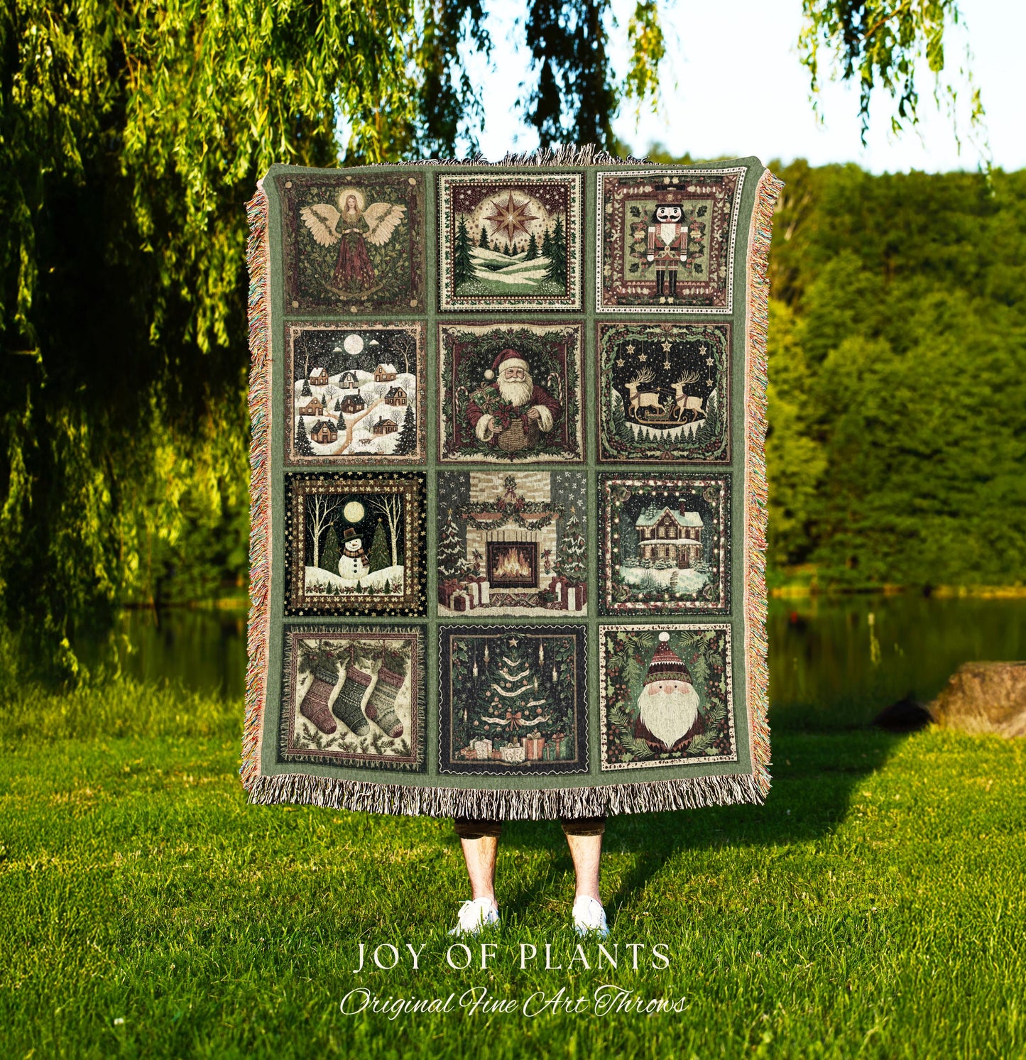 Cute Holiday Wonderland Throw Blanket | Nostalgic Whimsical Scandinavian Festive Christmas Cottagecore Retro Yuletide Winter Woven Tapestry