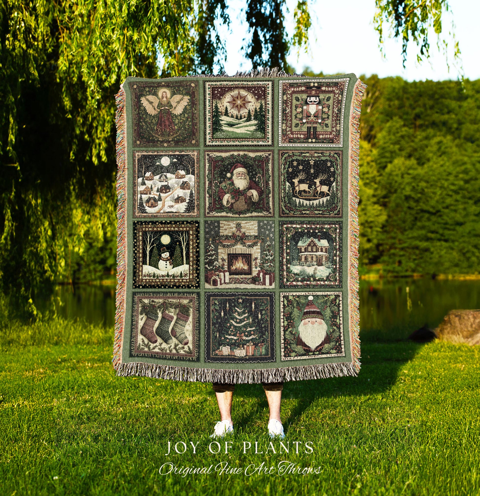 Cute Holiday Wonderland Throw Blanket | Nostalgic Whimsical Scandinavian Festive Christmas Cottagecore Retro Yuletide Winter Woven Tapestry