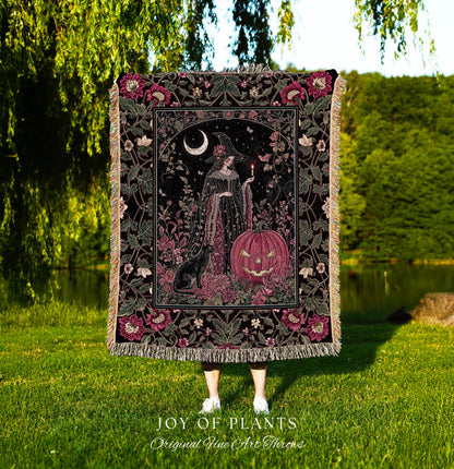 Retro Black Cat Witchy Aesthetic Blanket | Whimsigothic Decor Magical Woven Wall Tapestry Mystic Academia Cozy Dark Cottagecore Berry Pink |