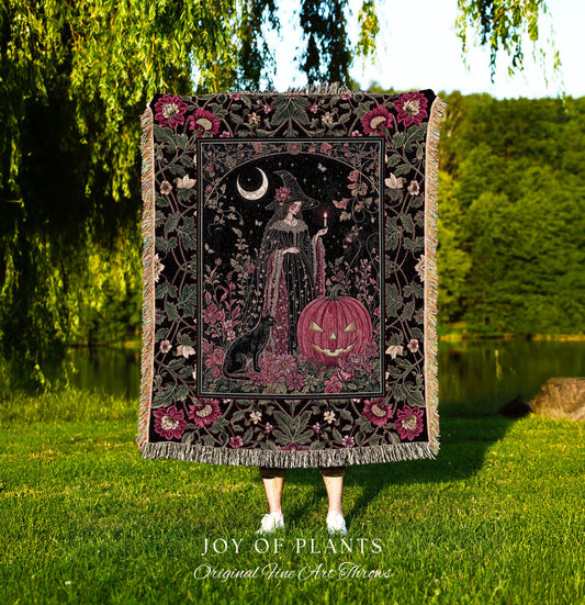 Retro Black Cat Witchy Aesthetic Blanket | Whimsigothic Decor Magical Woven Wall Tapestry Mystic Academia Cozy Dark Cottagecore Berry Pink |