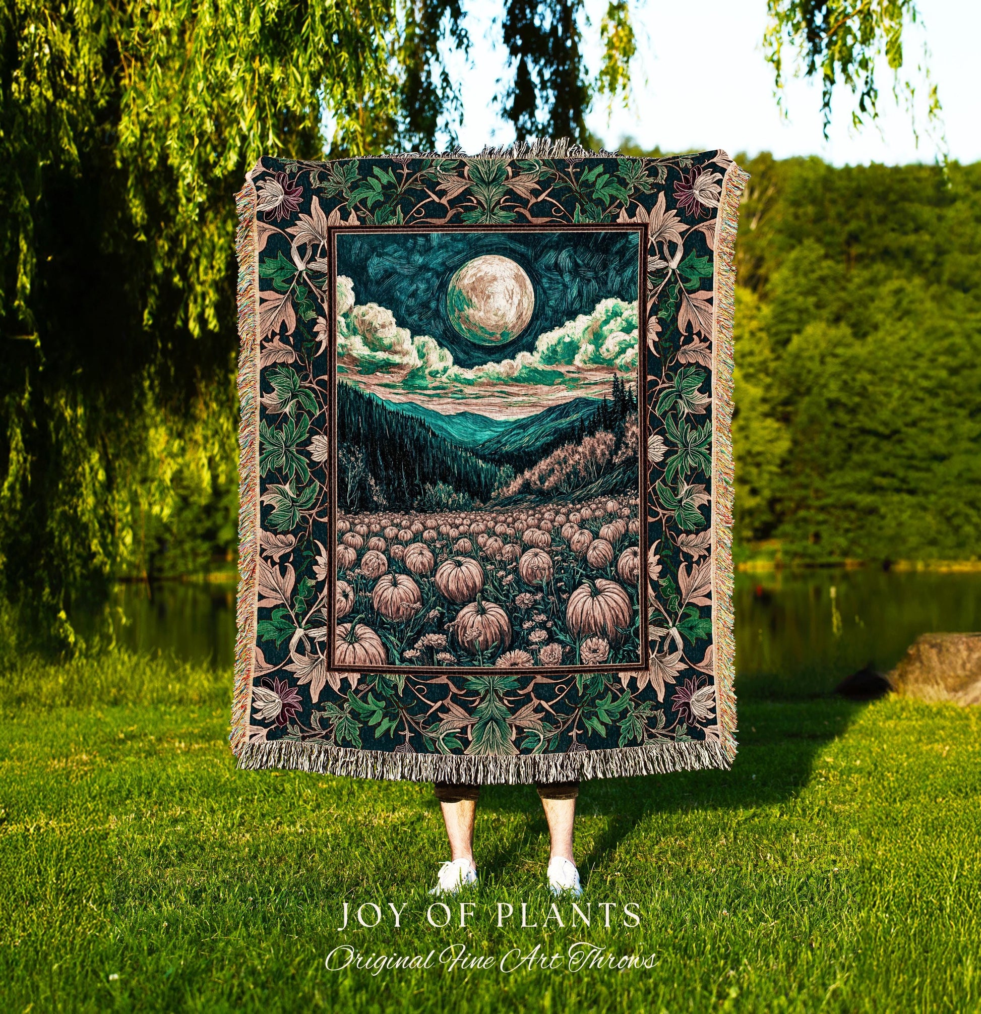 Elegant Harvest Moon Cozy Throw Blanket | Spooky Season Aesthetic Gothic Decor Whimsigoth Pumpkin Rustic Autumn Tapestry Witchy Landscape |