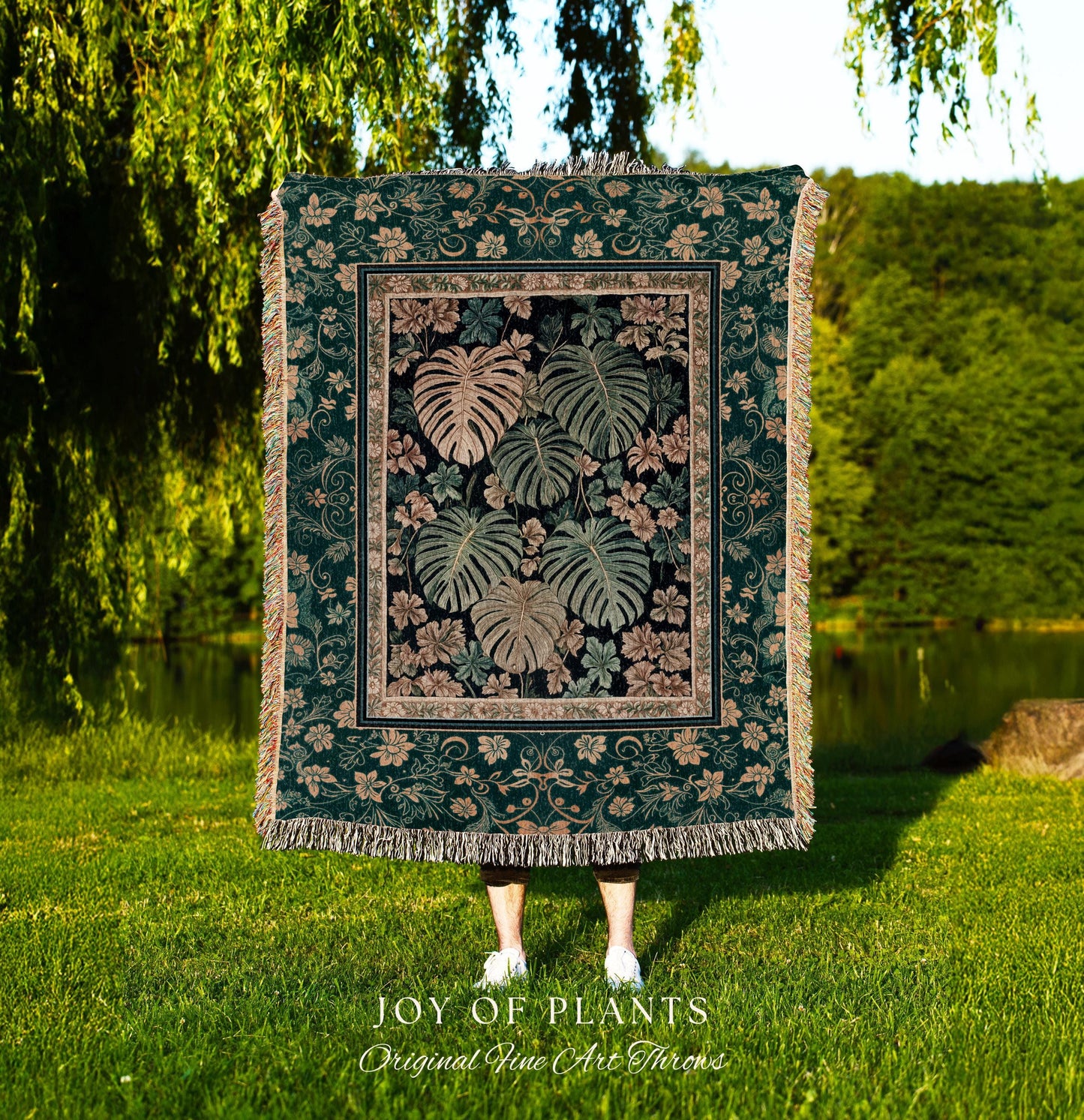 Enchanted Grove Woven Fringe Tapestry | Forestcore Home Decor Cottagecore Maximalist Blanket Whimsical Monstera Vibes Trendy Bedroom Artwork