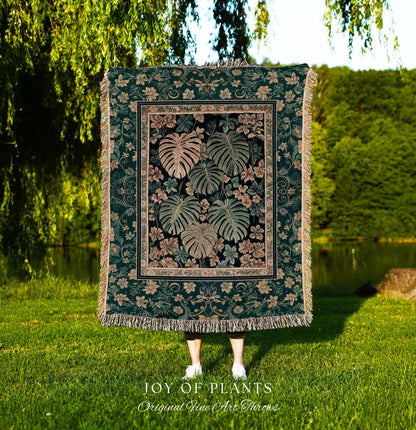 Enchanted Grove Woven Fringe Tapestry | Forestcore Home Decor Cottagecore Maximalist Blanket Whimsical Monstera Vibes Trendy Bedroom Artwork
