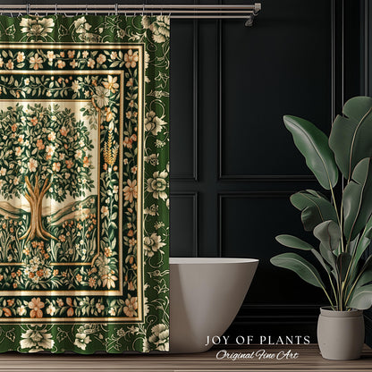 Enchanted Garden Folklore Tree Shower Curtains | Emerald Green Botanical Coquette Floral Accent Forest Theme Bathroom Folklore Cottagecore