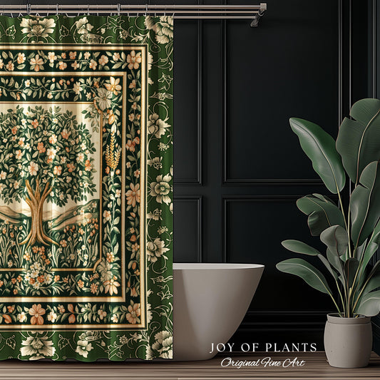 Enchanted Garden Folklore Tree Shower Curtains | Emerald Green Botanical Coquette Floral Accent Forest Theme Bathroom Folklore Cottagecore