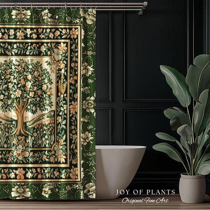 Enchanted Garden Folklore Tree Shower Curtains | Emerald Green Botanical Coquette Floral Accent Forest Theme Bathroom Folklore Cottagecore