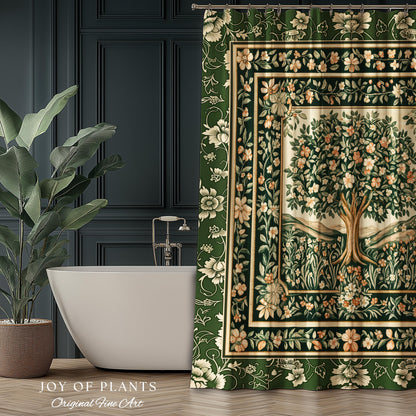 Enchanted Garden Folklore Tree Shower Curtains | Emerald Green Botanical Coquette Floral Accent Forest Theme Bathroom Folklore Cottagecore