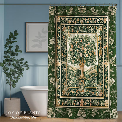 Enchanted Garden Folklore Tree Shower Curtains | Emerald Green Botanical Coquette Floral Accent Forest Theme Bathroom Folklore Cottagecore