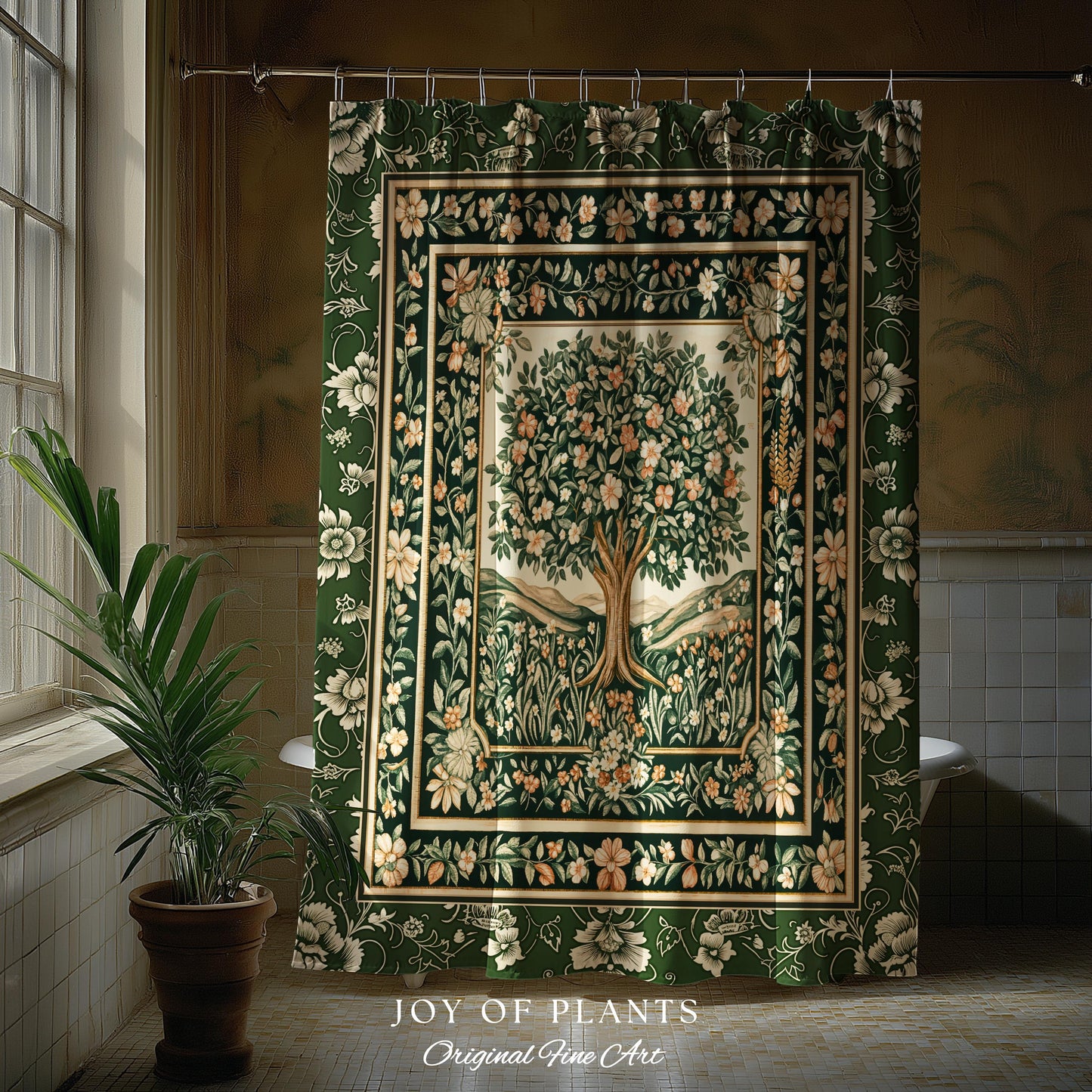 Enchanted Garden Folklore Tree Shower Curtains | Emerald Green Botanical Coquette Floral Accent Forest Theme Bathroom Folklore Cottagecore