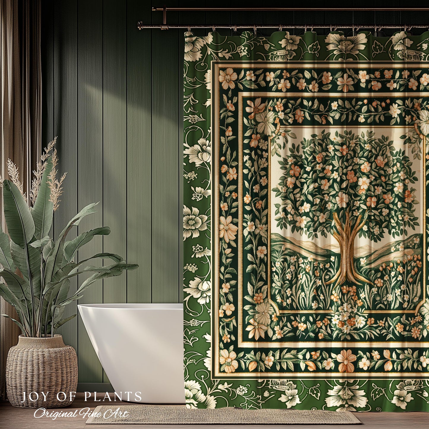Enchanted Garden Folklore Tree Shower Curtains | Emerald Green Botanical Coquette Floral Accent Forest Theme Bathroom Folklore Cottagecore