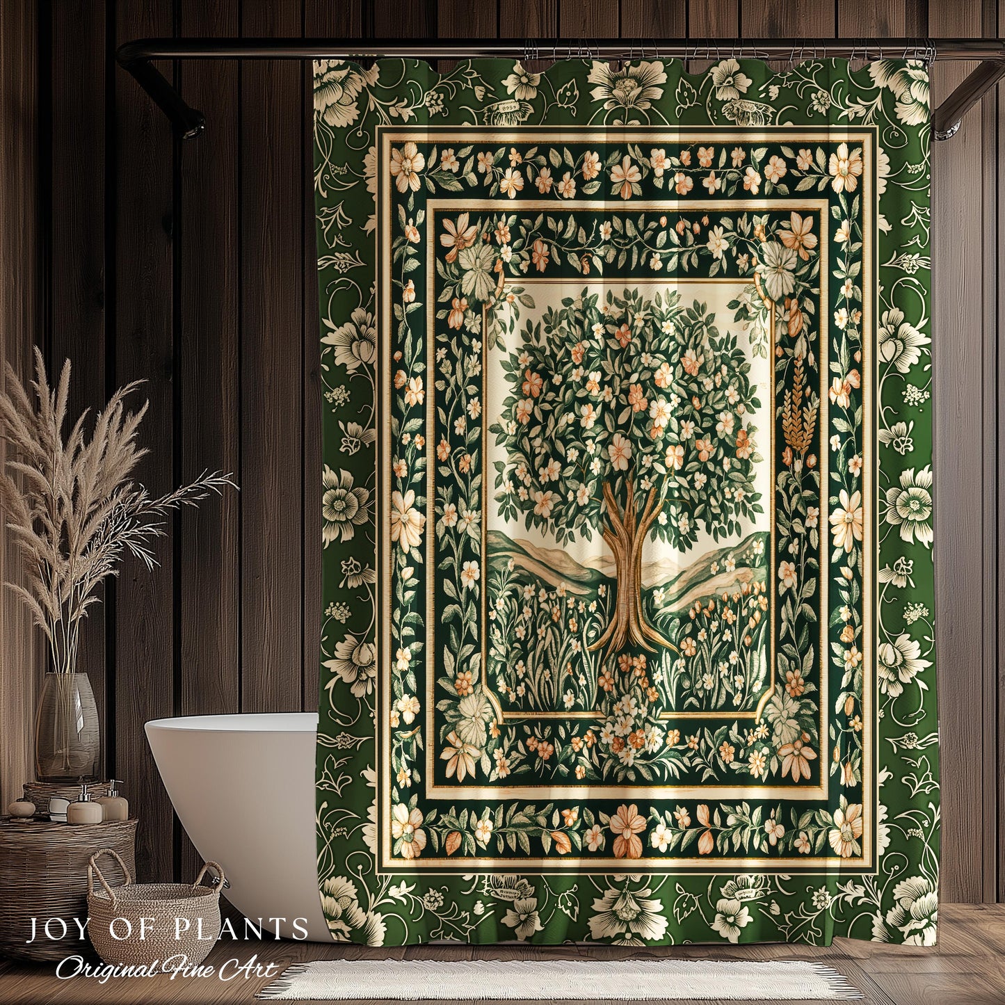 Enchanted Garden Folklore Tree Shower Curtains | Emerald Green Botanical Coquette Floral Accent Forest Theme Bathroom Folklore Cottagecore