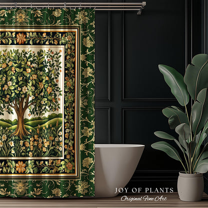 Emerald Green Floral Tree of Life Shower Curtain | Botanical Forestcore Folklore Vintage Floral Enchanted Cozy Cottagecore Whimsical Bath |