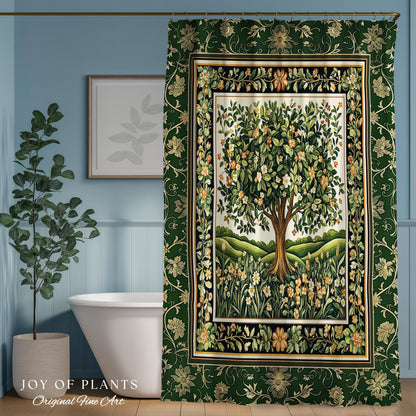Emerald Green Floral Tree of Life Shower Curtain | Botanical Forestcore Folklore Vintage Floral Enchanted Cozy Cottagecore Whimsical Bath |