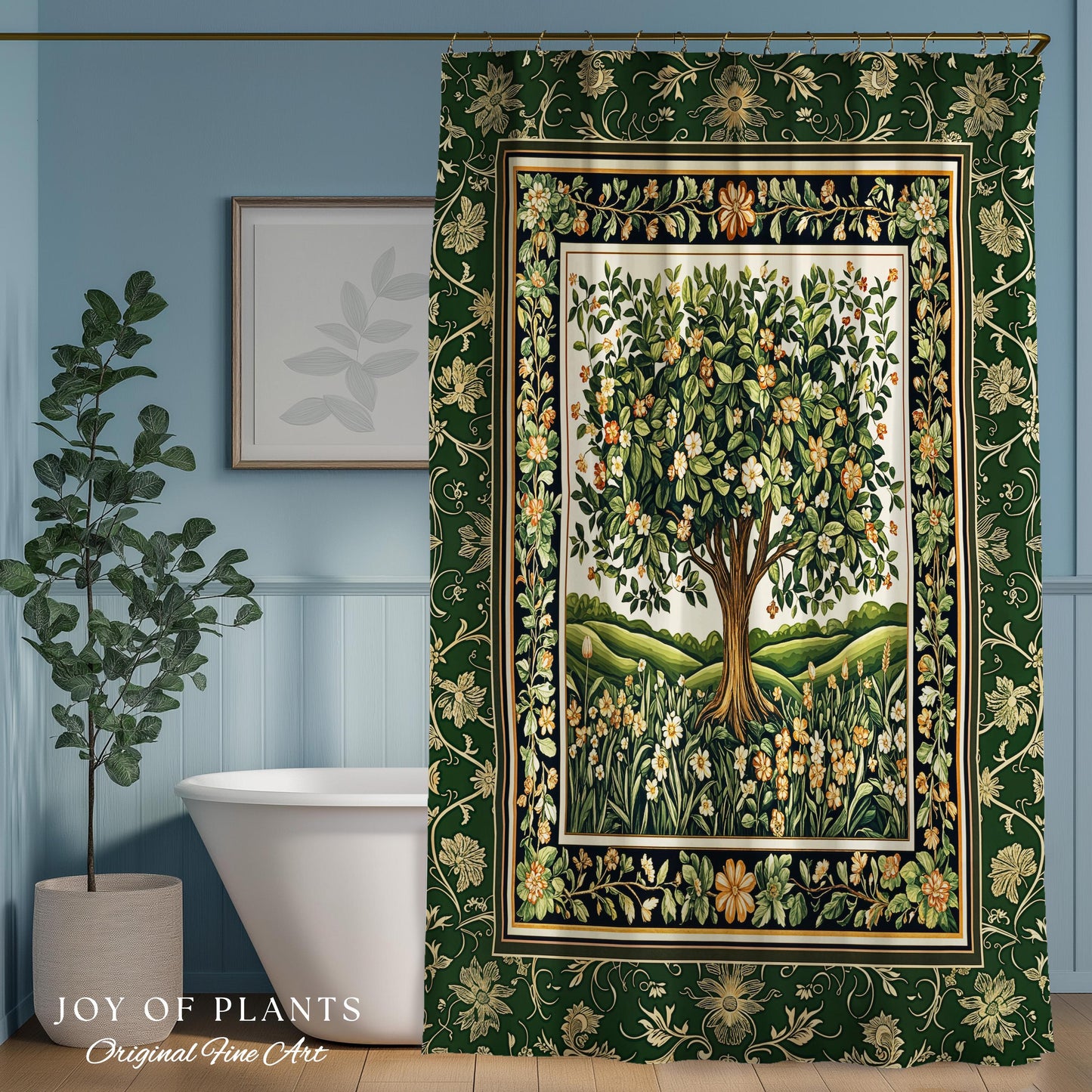 Emerald Green Floral Tree of Life Shower Curtain | Botanical Forestcore Folklore Vintage Floral Enchanted Cozy Cottagecore Whimsical Bath |