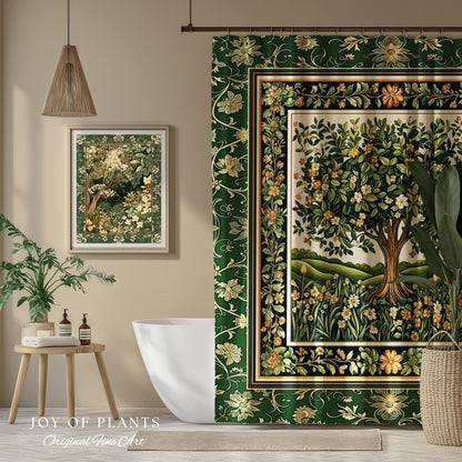 Emerald Green Floral Tree of Life Shower Curtain | Botanical Forestcore Folklore Vintage Floral Enchanted Cozy Cottagecore Whimsical Bath |